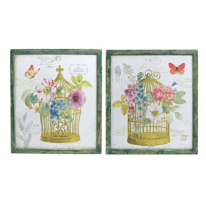 Floral Birdcage Wooden Framed Canvas Prints - Set of 2