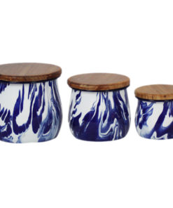 Set of 3 Blue & White Enamel Marble Effect Storage Containers