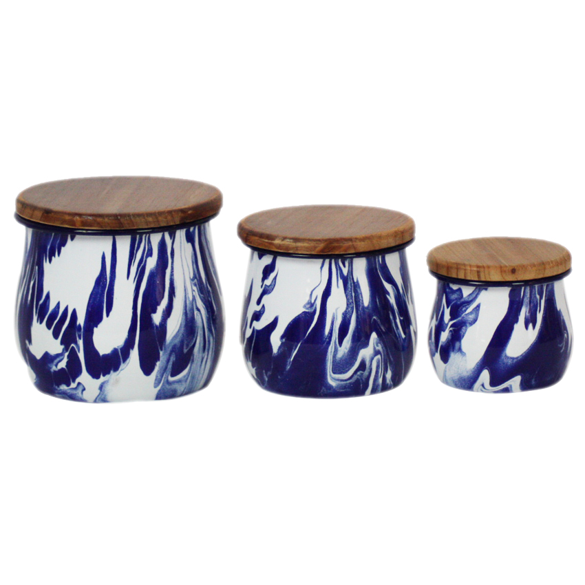 Set of 3 Blue & White Enamel Marble Effect Storage Containers