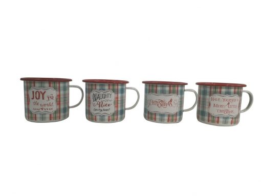 Set Of 4 Christmas Mugs Festive Quotes Chequered Enamel Outdoor Wine Drink