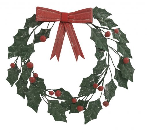 Handmade Christmas Green Metal Hanging Holly Wreath Red Bow Outdoor Wall
